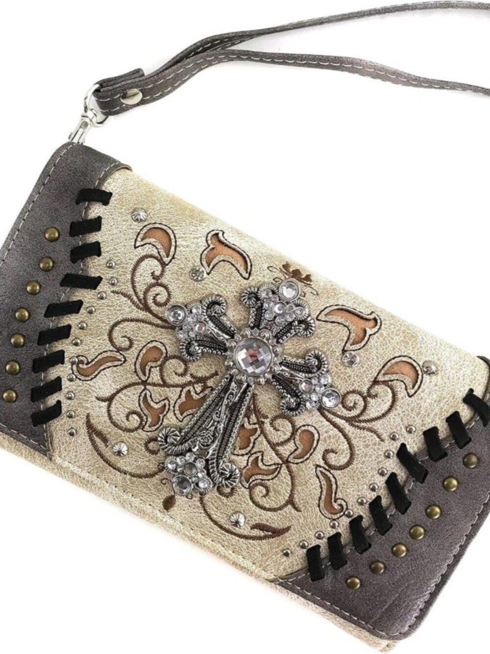 Justin West Spring Bloom Western Cross Women Crossbody Wrist Trifold Wallet NWT - Picture 3 of 5